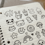 Dessins kawaii sur papier.