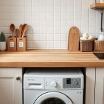 Détail aménagement buanderie optimisée avec plan de travail