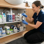 Femme menage rangement lavabo