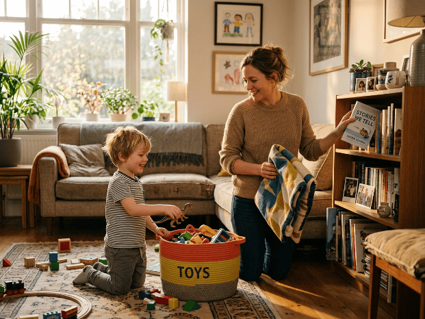 Les parents et les enfant rangent les jouets