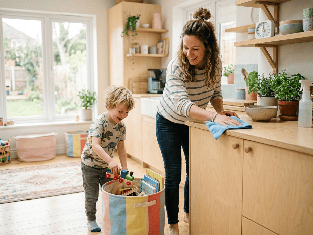 Parents et enfants font le ménage
