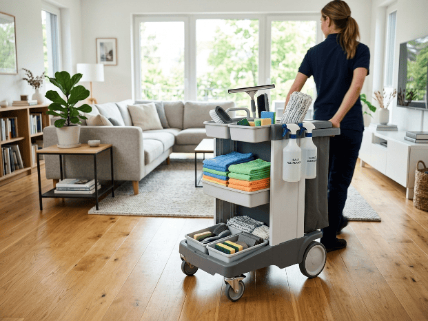 Un chariot de ménage avec des chiffons microfibres