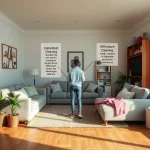 Un salon propre et organisé avec une personne regroupant les tâches ménagères.