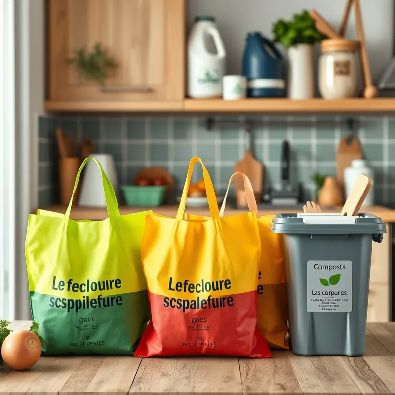 Des sacs réutilisables et un bac à compost dans une cuisine.