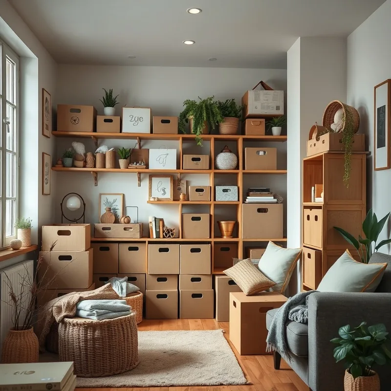 Un intérieur chaleureux avec des solutions de rangement en carton.
