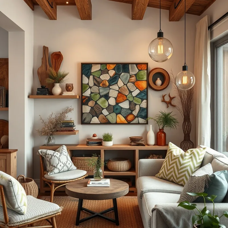 Intérieur chaleureux avec du bois recyclé et des œuvres en verre.