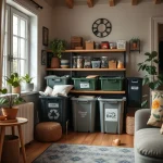 Un salon rangé avec des bacs de tri et de compostage.