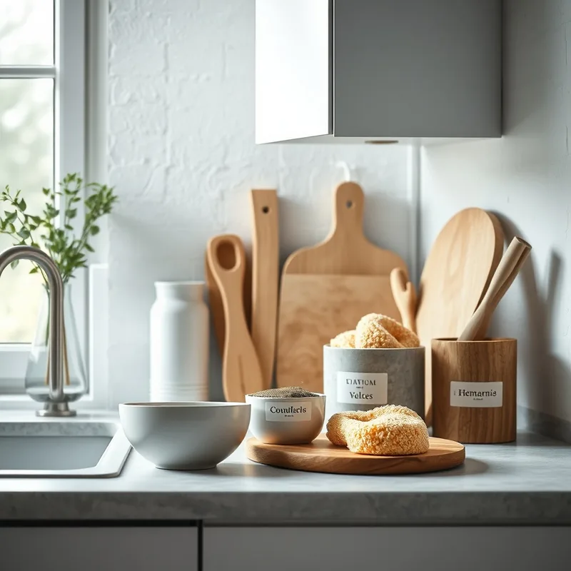 Cuisine minimaliste avec des éponges compostables et décoration en bois recyclé.