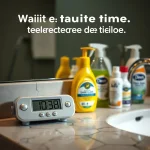 Un minuteur à côté de produits ménagers, soulignant l'importance du temps de pose.
