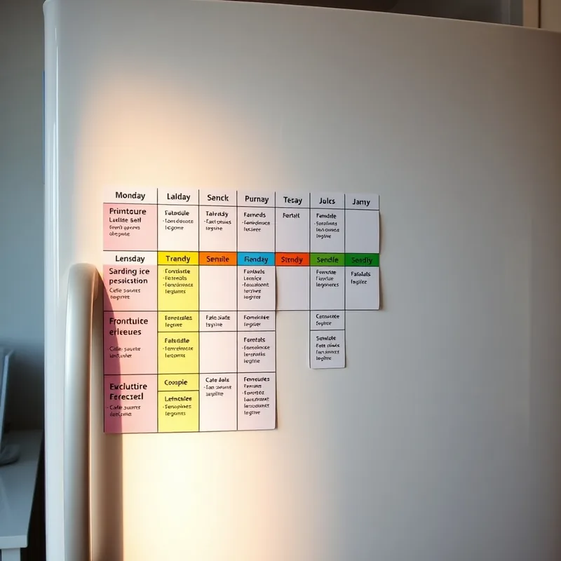 Un planning de nettoyage accroché sur un frigo, coloré et motivant.
