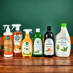 Cinq produits de ménage écolo sur une table en bois.